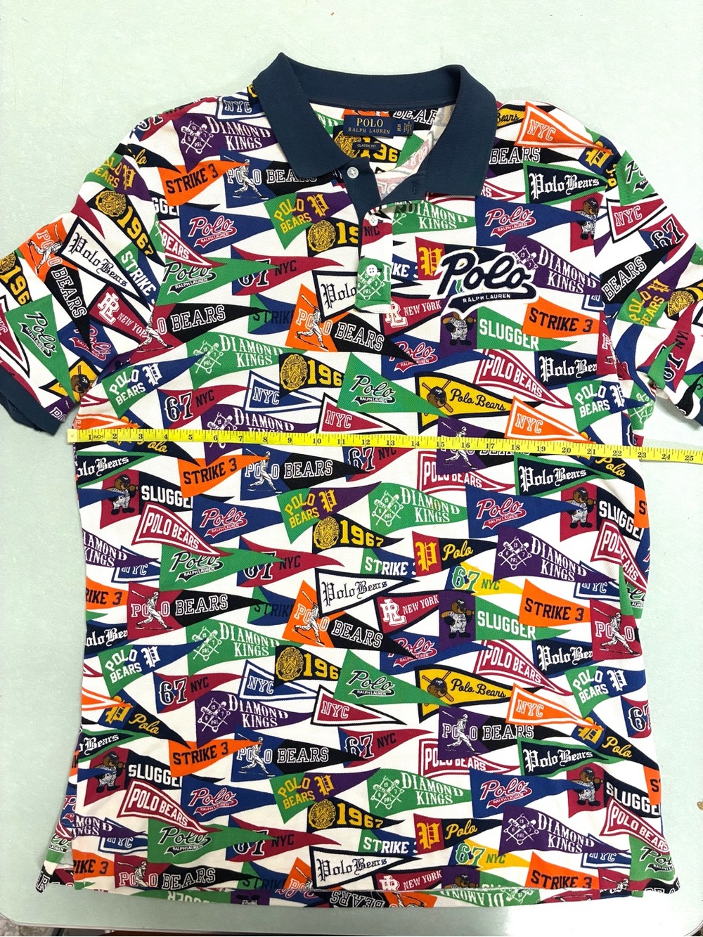 Ralph Lauren Multicolor Pennant Print Polo Shirt with Navy Collar—XL Classic Fit